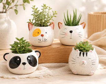 Ceramic Animal Succulent Planter - Cat, Dog, Panda, Tiger | Desk Pot