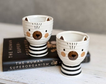 Bear Ceramic Pot Planter Set | Cute Succulent Planters, Drainage Hole