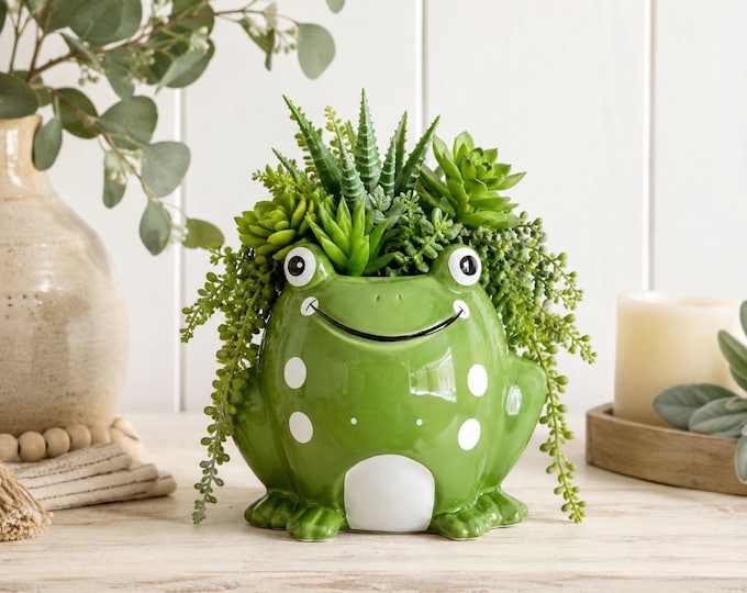 Green Happy Frog Planter | Ceramic Pot for Plants, Succulents, Herbs