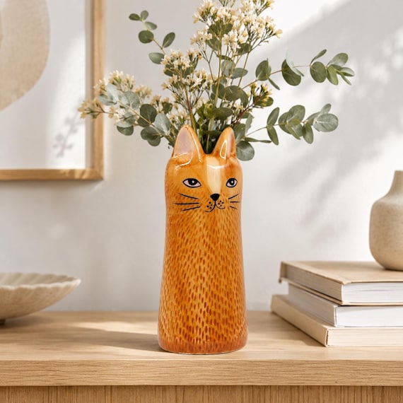 Brown Cat Ceramic Bud Vase