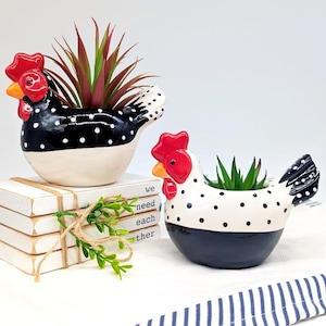 Puede incluir: Dos macetas de cerámica con forma de gallina, una en blanco y negro con cresta roja y otra en blanco y negro con cresta roja. Las macetas están llenas de vegetación y se apoyan en una pila de libros blancos atados con cuerda.