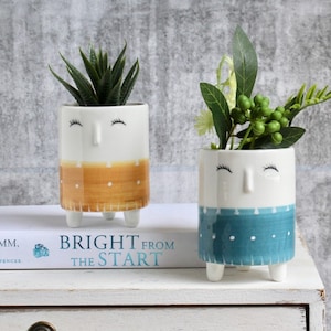 Blue Yellow Face Planter Pot, 9.6cm | Cute Succulent Planter | Blue Face Pot | Yellow Face Pot | People Planter | Person Pot | Head Planter