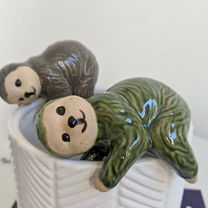 Ceramic Sloth Pot Sitter - Grey & Green, Set of 2