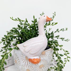 May include: A white ceramic goose planter with orange beak and feet. The planter is filled with green leafy plants and sits on a white planter with a daisy pattern.