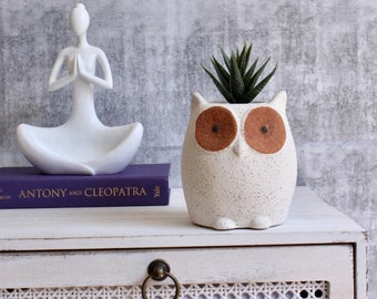 Sandy Ceramic Owl Planter | Succulent Pot with Drainage