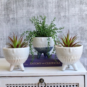 May include: Three white ceramic planters with a face design and three legs. Each planter has a different type of green plant inside. The planters are sitting on a white table with a book titled "Antony and Cleopatra" in front of them.