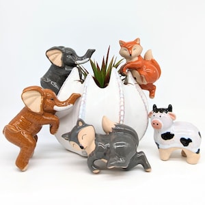 Ceramic Pot Planter Animal Sitter Pals - Cow - Elephant - Fox | Pot Hanger | Pot Buddy | Pot Accessories | Cow Gifts | Elephant Gifts | Fox