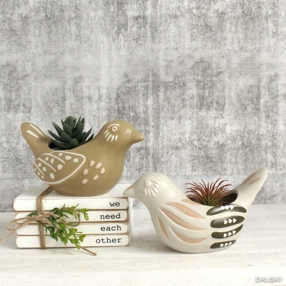 Un adorabile piccolo vaso per piante grasse in ceramica verde pallido a forma di uccello - Italia