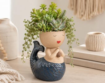 Blue Mermaid Ceramic Flower Pot | Planter for Succulents, Herbs | Coastal Decor