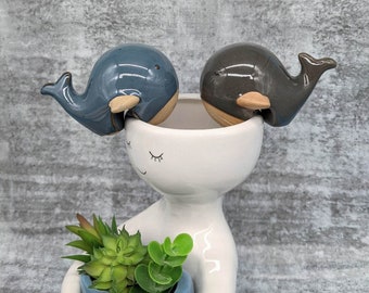 Grey Blue Whale Ceramic Pot Planter Sitter - Set Of 2  | Whale Gifts | Pot Hanger | Planter Pals | Pot Buddy