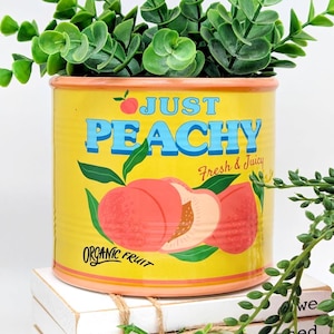 May include: A yellow metal planter with the words "JUST PEACHY" in blue and "Fresh & Juicy" in black. The planter features a peach design and is filled with green plants. The words "Organic Fruit" are also visible.