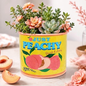 Pode incluir: Um vaso cilíndrico amarelo com o texto JUST PEACHY e Fresh & Juicy, um gráfico de pêssegos e as palavras ORGANIC FRUIT. O vaso está preenchido com uma variedade de suculentas verdes e rosas e pequenas flores de cor laranja.