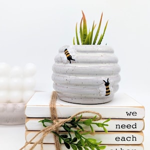 May include: White ceramic planter shaped like a honeycomb with three bees on the side. The planter is filled with a small green succulent plant. The planter is sitting on top of a stack of white books with the words "we need each other" written on them.