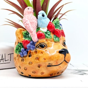 May include: A ceramic planter shaped like a cheetah's head, adorned with a pink and blue bird, red berries, and purple grapes. The planter has a speckled orange and brown pattern and holds a plant with red and green leaves.