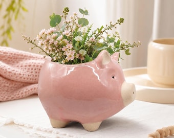 Roze keramische varkensplanter | Succulente pot met drainage