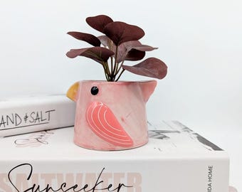 Suckulentkruka i keramik med rosa fågel | Heminredning och trädgårdsdekorationer