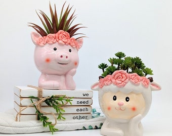 Ceramic Animal Succulent Planter: Pig or Sheep with Flower Crown