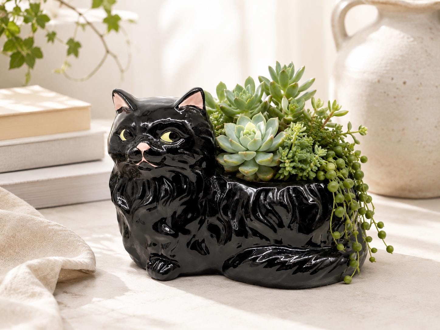 Cheeky Black Cat Ceramic Planter Pot