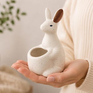 May include: A speckled white ceramic bunny planter with a brown-tipped ear and blue eyes. The bunny has a hollowed-out area for planting small succulents or flowers. The planter is held in a person's hand.