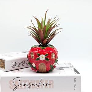 May include: A whimsical red strawberry-shaped planter with a faux succulent. The planter features a small door, windows, and white flower accents. The planter is sitting on top of two books with the words "Sand & Salt" and "Sunseeker" printed on them.