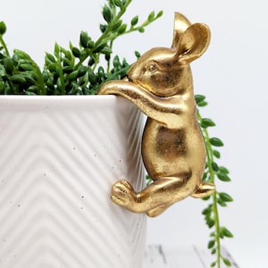 Könnte beinhalten: Eine goldfarbene Hasenfigur, die sich an der Seite eines weißen Keramiktopfes festhält. Der Hase hat detaillierte Merkmale und ist so positioniert, als würde er klettern. Grüne Pflanzen quellen über den Rand des Topfes und bilden einen dekorativen Akzent.