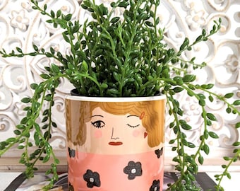 Zwinkerndes Mädchen Keramik Übertopf | Süßer Blumenübertopf