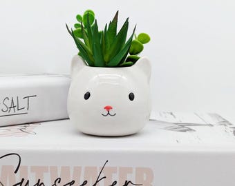 May include: White ceramic planter shaped like a cat's face with a small succulent plant inside. The planter has black eyes and a pink nose.