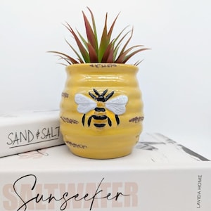 Può includere: Un vaso di ceramica giallo a forma di alveare con un design a forma di ape. Il vaso contiene una piccola pianta grassa.