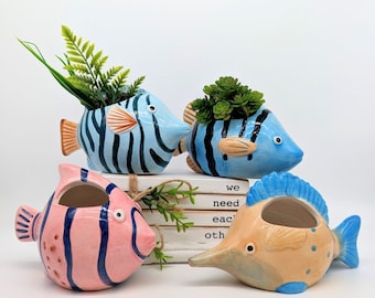 Bunte Fische Blumentopf | Rosa Blauer Fisch Topf | Geschenk für Fisch-Liebhaber | Sukkulenten Pflanzer