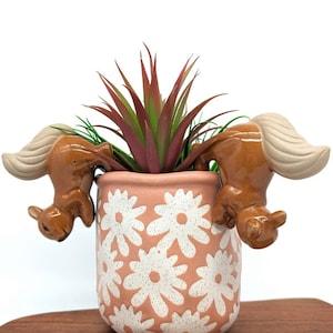 May include: A pink ceramic planter with a white daisy pattern, featuring two brown ceramic squirrel figurines peeking over the edge.