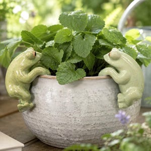 Green Frog Pot Hanger Set | Ceramic Garden Decor