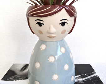 Blue Girl Face Earthenware Vase | Polka Dot Planter