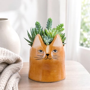 Keramik Katzentopf braun | Sukkulenten Kräutergarten Dekor