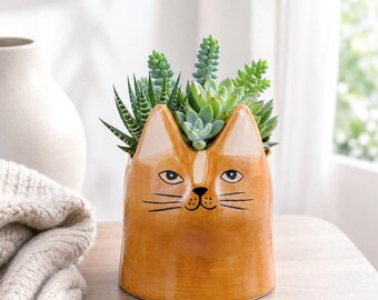 Brown Ceramic Cat Planter Pot | Succulent Herb Garden Decor