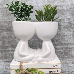 White Sitting Duo Figure Pot Planter | Person Planter | People Planter | Friends Planter | Couple Planter | Anniversary Gifts