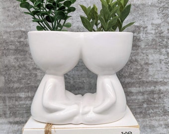 Weißer Duo Blumentopf: Keramik Blumentopf / Pflanzentopf
