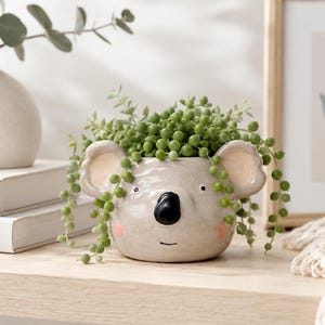 May include: A light gray ceramic koala-shaped planter featuring a glossy finish, large rounded ears, a prominent black nose, and small pink cheek accents. The planter is filled with a trailing string of pearls succulent plant with green beads.