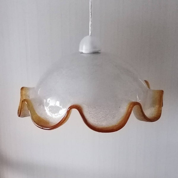 Lustre suspension rond en verre soufflé épais transparent et marron Mazzega Murano vintage