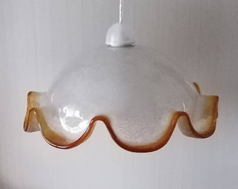 Mazzega Murano vintage thick transparent and brown blown glass round pendant chandelier