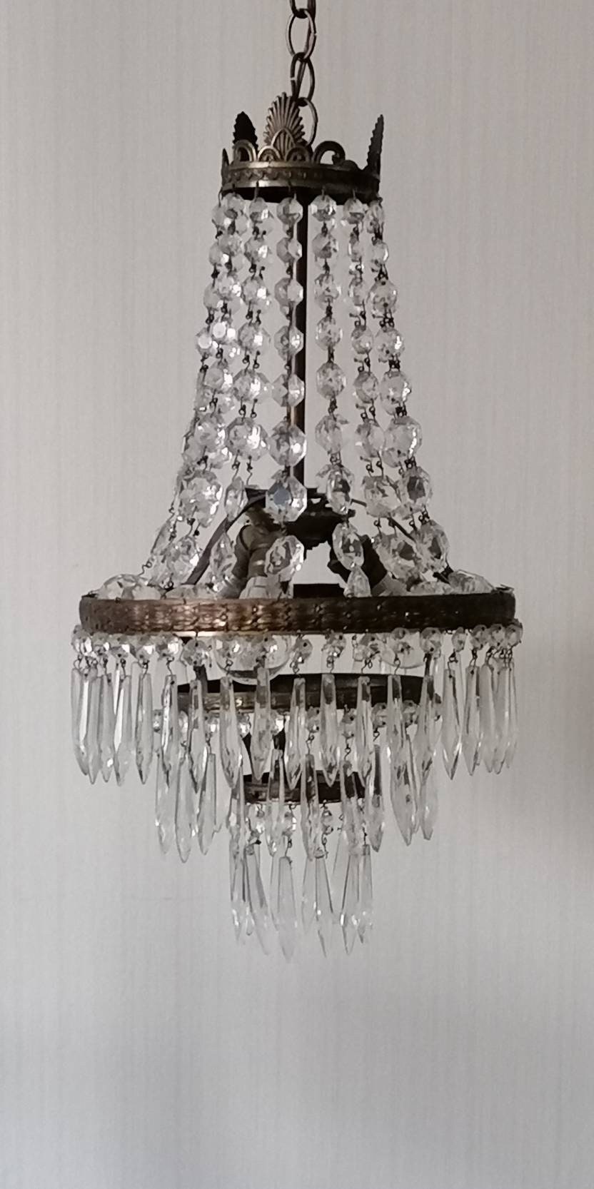 Authentique Lustre Montgolfière Pampilles Des Années 20