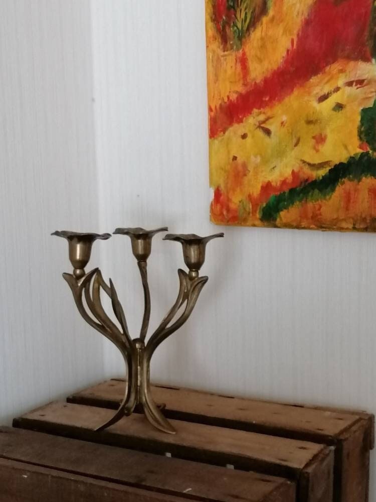 Bougeoir Vintage 3 Fleurs en Laiton