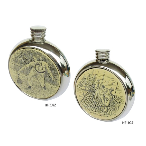 Choose Your Pewter Scrimshaw Round Spirit Flask 6oz Made in Sheffield, England (Listing for ONE piece)