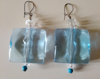 Original Vintage 80's Plastic Bead Drop Earrings in Transparent Baby Blue