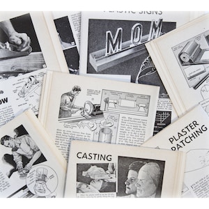 May include: A collection of vintage how-to guides and instructions for crafting and home improvement projects. The pages feature black and white illustrations and text, including titles like "Casting", "Plaster Patching", and "How To".