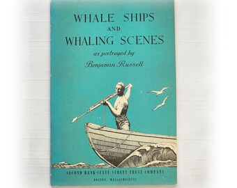 Vintage baleines navires et scènes de chasse à la baleine aquarelles Benjamin Russell livre de poche 1955 Art