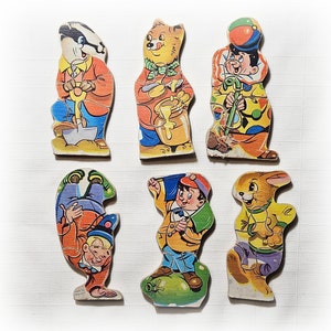 Vintage Funnimals Ubrane figurki zwierząt Puzzle Sklejka Wiltoy Zestaw 6 Drewnianych Zwierząt Klaunów Wykonane w Anglii Wystrój Pokoju Dziecięcego