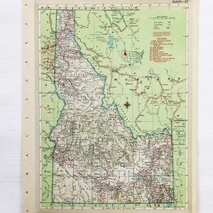 Vintage kaartpagina 1946 Idaho/Illinois Hammond's Stanford World Atlas-afdruk voor inlijsten ongewenste tijdschriftpapier kortstondige collage