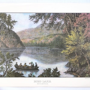 May include: A vintage print of Echo Lake in the White Mountains. The landscape features a calm lake surrounded by trees and mountains. A boat with several people is on the water. The print has a classic, detailed style.