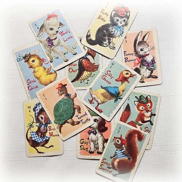 Vintage Childrens Animal Rummy Game Cards Whitman's for Swap Used Animal Paper Playing for Collage Junk Journal Craft Scrapbook mixed media