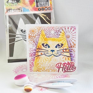 Fabulosa cara de gato plantilla tarjeta hecha a mano papelería de felicitación Hola en blanco en el interior